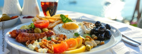 breakfast served on a white flat plate, positioned on a wooden table by the sea, with the background featuring only the tranquil expanse of the sea and the gentle rays of the sun. photo