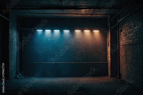Background of an empty wall  a ray of light in the basement  smoke  neon light. 
