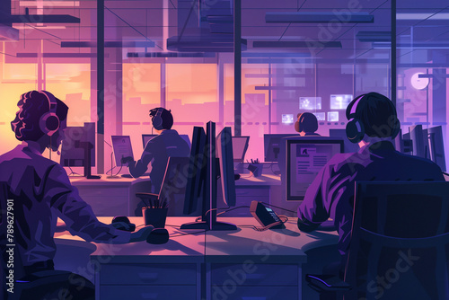 Sunset Call Center Scene An evocative illustration portrays a serene call center at sunset, with employees engaged in their work against the backdrop of a warm, glowing sky photo