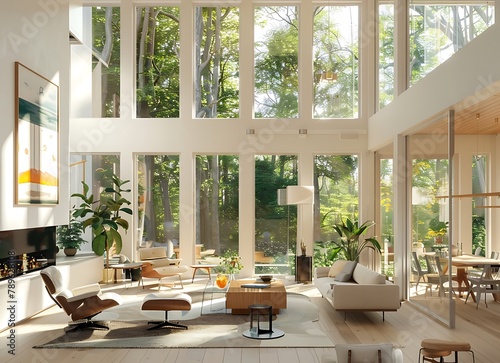 Beautiful mid century modern home interior with large windows