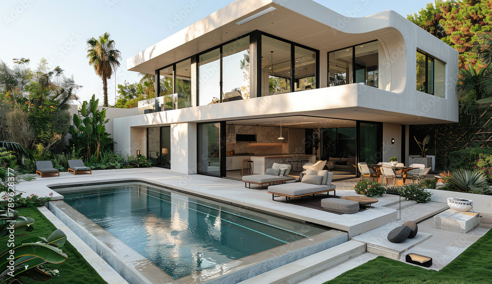 A modern two-story house with white walls, glass windows and an outdoor pool in the style of Miami Beach. Created with Ai