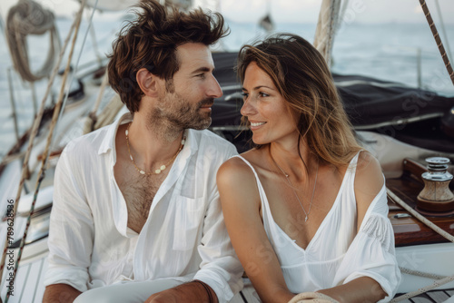 Beautiful couple sitting on a sailboat deck. Generative AI
