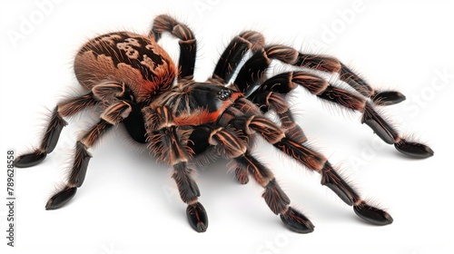 Arachnid tarantula crawls on white surface, a terrestrial wolf spider in action