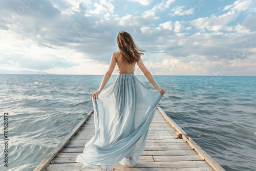Woman walking along a pier in a flowing summer maxi dress. Generative AI
