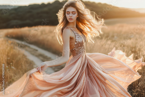 Beautiful woman wears a flowing maxi dress with rose golden sequins. Generative AI