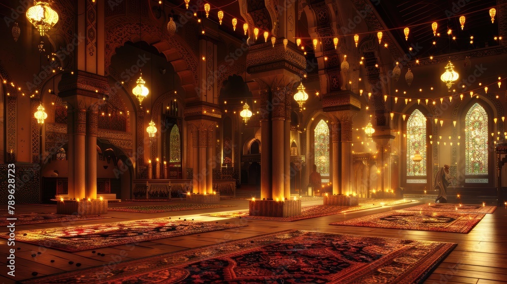 Obraz premium Eid Mubarak with a vibrant and lifelike Islamic background, featuring traditional elements such as intricate geometric patterns, Arabic calligraphy, and symbolic motifs.