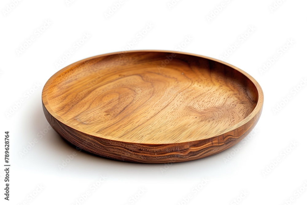Empty wooden plate or round board isolated on white background. Rustic dish Empty wooden plate or round board isolated on white background. Rustic dish