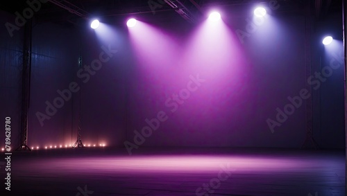 Background of empty room with spotlights and lights, abstract purple background with neon glow 