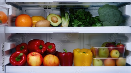 A refrigerator drawer filled with an assortment of fresh vegetables  tomatoes  carrots  bell peppers  grapes and cucumbers. The bright combination of colors indicates healthy eating and food storage.