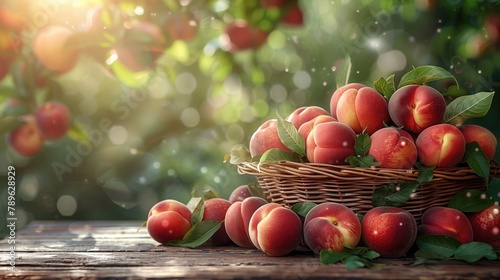 Peach fruit in wooden basket on wooden table in garden  Fresh peach on blurred greenery background  empty space for text