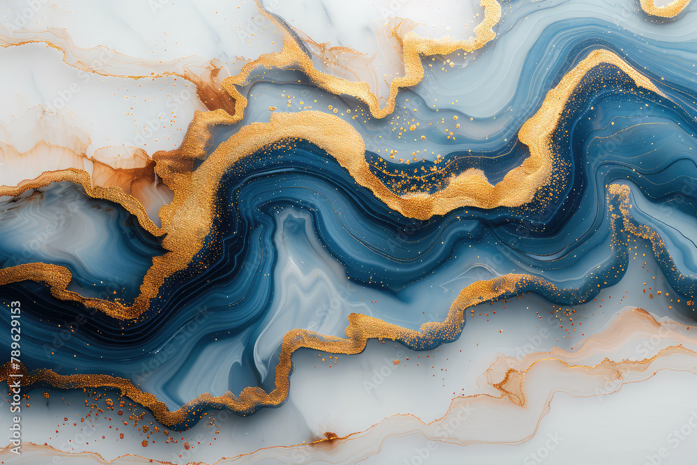 Marble texture, surrounded by rounded edges with golden lines and blue gradient background. Created with Ai