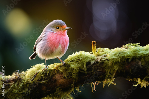 Closeup of a Petroica rodinogaster Pink Robin perched delicately on a mosscovered branch in a dense forest, soft natural lighting enhancing its vibrant pink breast photo