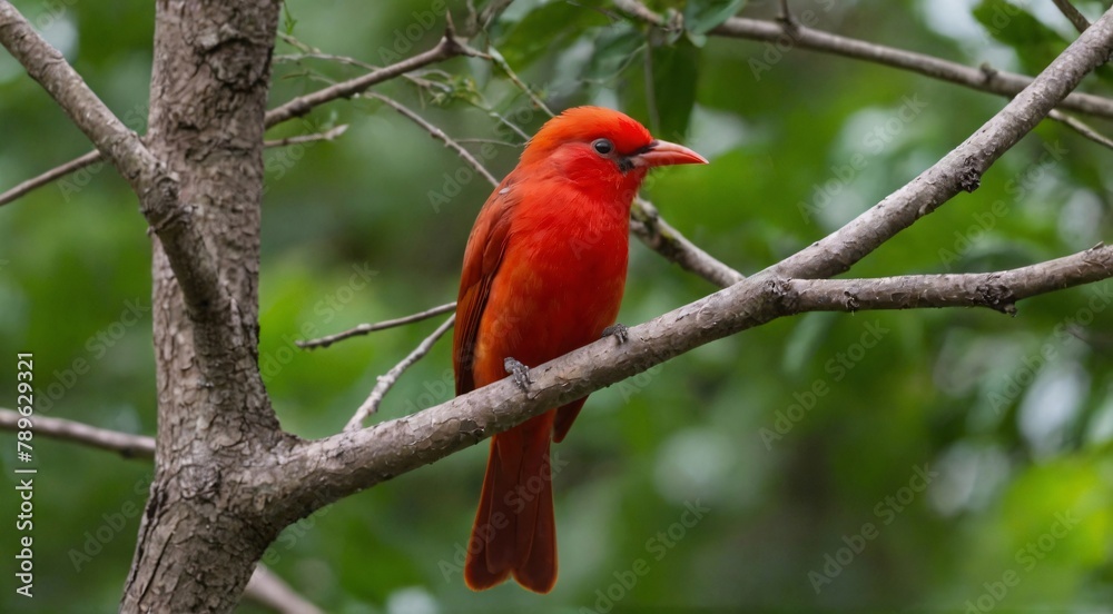  Bright red bird resting on a tree branch.