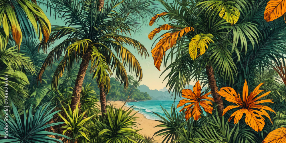 Artistic depiction of a serene tropical beach surrounded by lush palm trees Artistic depiction of a serene tropical beach surrounded by lush palm trees