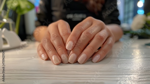 Close-up of manicured hands with nude polished nails resting on a white wooden table. Beauty and nail care concept with a blurred background photo
