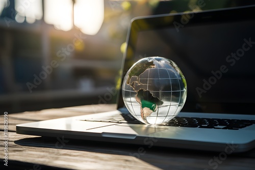 Glass globe on laptop symbolizes global business perspective