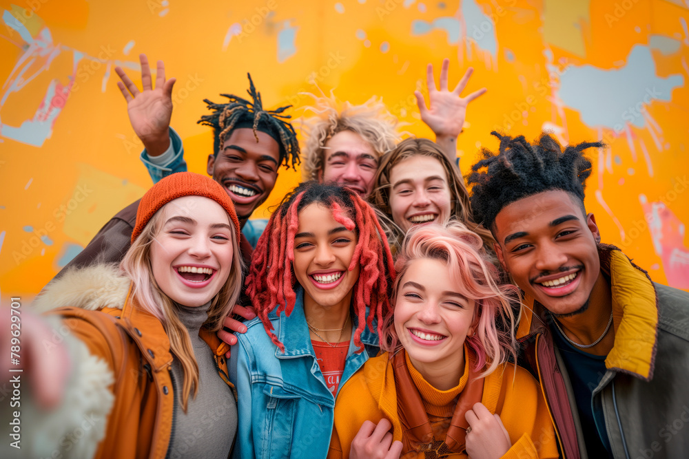 Joyful Diverse Friends Enjoying Vibrant Urban Scene Joyful Diverse Friends Enjoying Vibrant Urban Scene