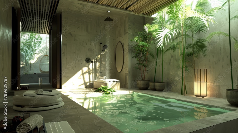 Zen-style bathroom interior with indoor pool and lush greenery. Modern design with natural elements for relaxation and spa concept