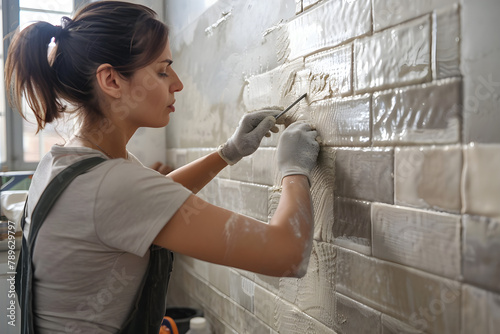 Woman repairing kitchen wall