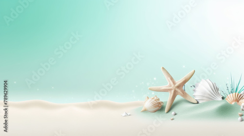 minimal illustration for Summer event banner  A cool  jade-colored beach  vibrant colors  crystal sand  Seashells  five-legged starfish on the white sandy beach  sand sparkling like crystal