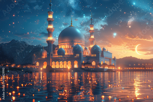 A mosque illuminated by the soft glow of moonlight, surrounded by shimmering water and twinkling stars, creating an atmosphere that is both serene and majestic. Created with Ai
