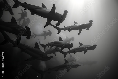 A school of hammerhead sharks cruising silently through the depths.