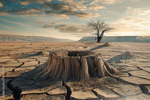 Stump from felled tree in drought concept. Record summer heat. Backdrop of the consequences of environmental problems photo