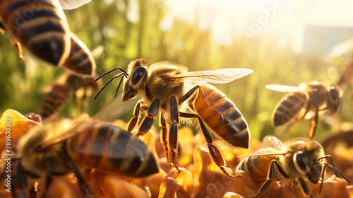 Closeup of bees defending their hive from a wasp invasion, intense action with wings and stingers prominently displayed photo