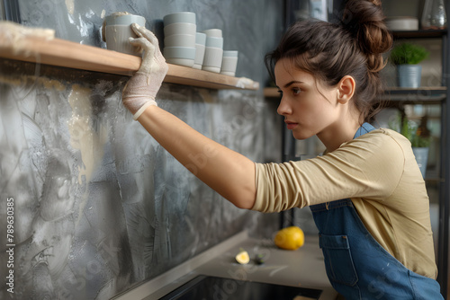Woman carefully installing shelf to the wall of her kitchen