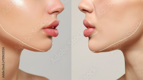 Woman, before after and lips with surgery for facial with makeover in studio with lip filler injections. Care, beauty and closeup with cosmetics for fillers with augmentation from expert in clinic