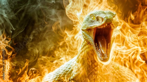 A snake with yellow scales is breathing fire. photo