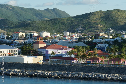 View from container terminal on Philipsburg on the Caribbean island of Sint Maarten, which is the Dutch part. There are residential district  and the green hill.