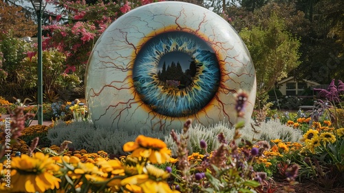 Giant eyeball nestled in colorful flowerbed, unsettling feeling of being watched or the beauty within grotesque