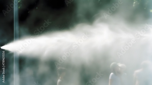 adiabatic city cooling system, closeup water spraying nozzle steam blurry city place background, evaporation temperature regulation heat reduction, microclimate photo