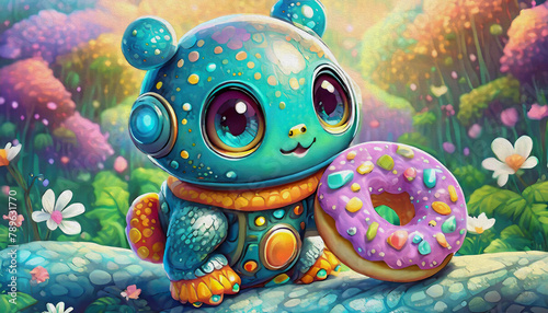oil painting style CARTOON CHARACTER CUTE BABY robot hold SWEET donuts isolated on color background © stefanelo