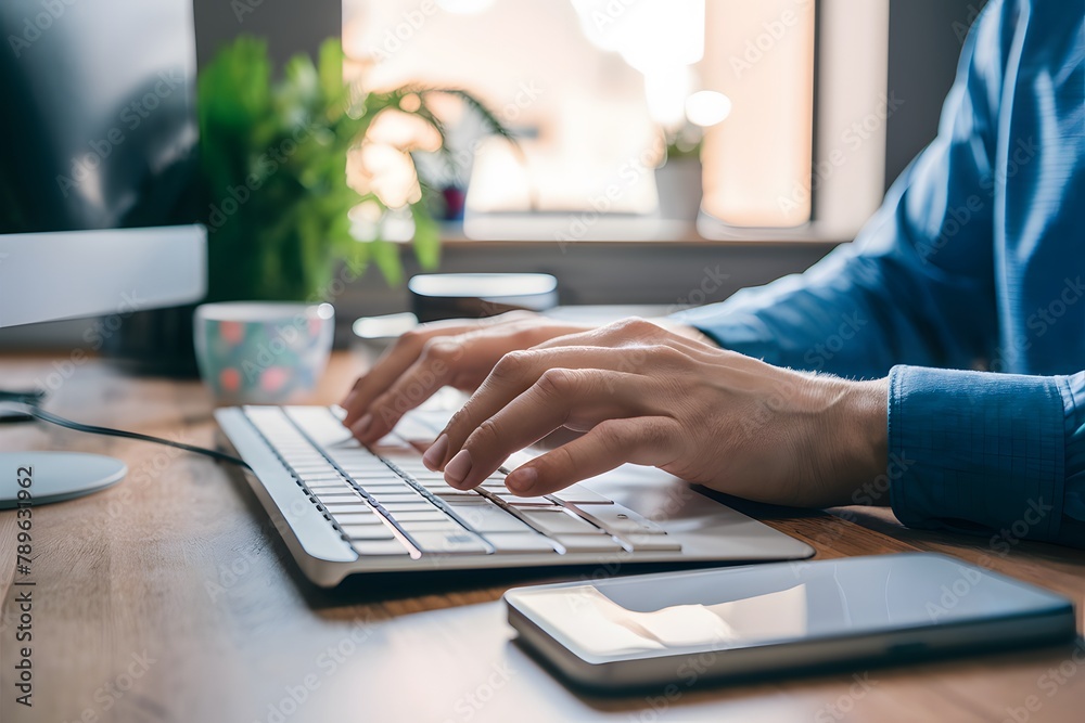Image Workplace productivity close up of mans hands typing on keyboard Image Workplace productivity close up of mans hands typing on keyboard