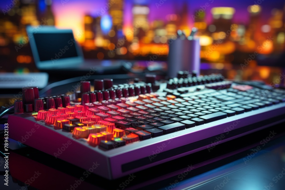 Fototapeta premium Television studio broadcasting live news with blurred video production equipment in background