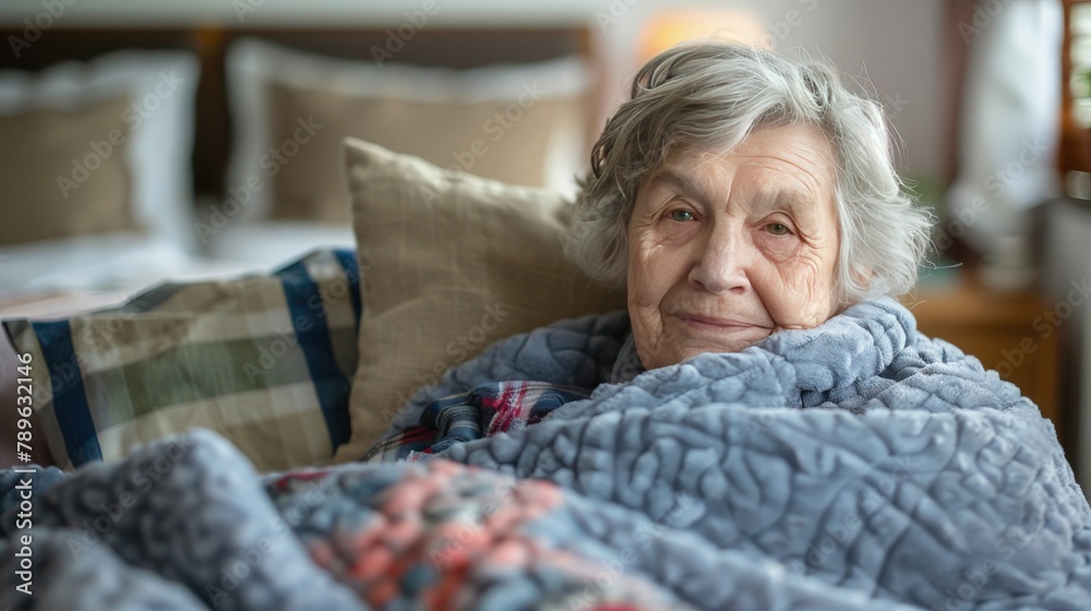 elderly senior woman cozy and comfortable in bed or couch elderly senior woman cozy and comfortable in bed or couch