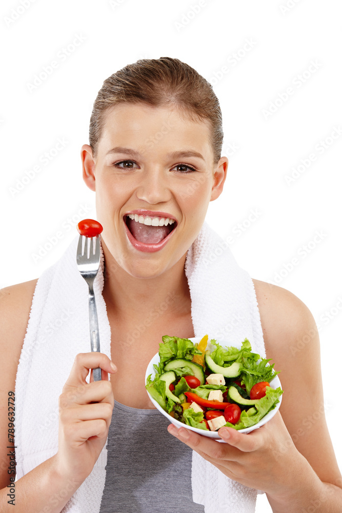 Food, salad and portrait, girl and studio for snack, white background and wellness for body. Health, face and vegetables for nutrition, female person and eating with smile and happy for diet Food, salad and portrait, girl and studio for snack, white background and wellness for body. Health, face and vegetables for nutrition, female person and eating with smile and happy for diet