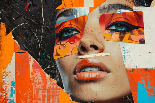 Portrait of a collage beautiful girl with a painted face Contemporary art Abstract design