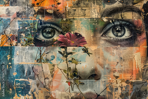 Portrait of a collage girl with flowers Contemporary art collage Abstract design