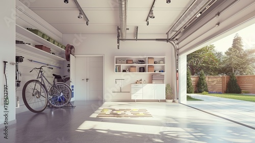 a suburban home's attached 2-car garage, devoid of vehicles and showcasing its clean, uncluttered interior space. © lililia