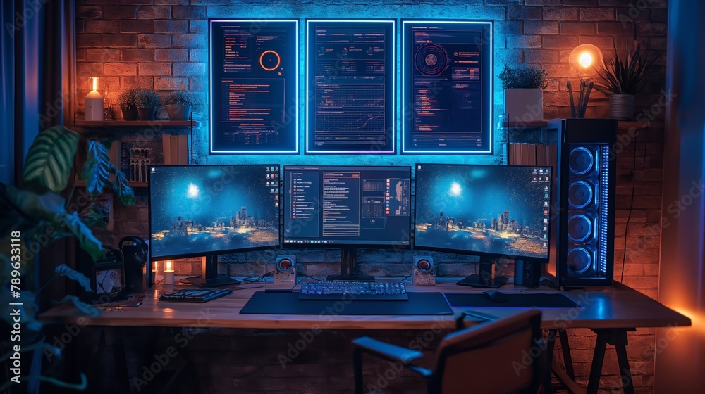 Programmer's Workspace with Blue Neon Lighting Programmer's Workspace with Blue Neon Lighting