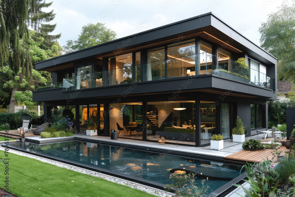 A sleek black modern house with large windows, surrounded by lush greenery and featuring an elegant pool in the backyard. Created with Ai