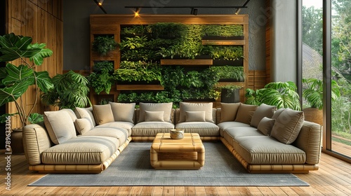 Chic Living Room with Tiered Plant Shelves and Wooden Accents © Saltanat