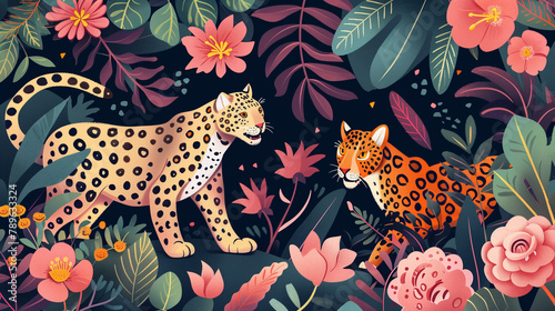Lively depiction of a leopard and a bobcat surrounded by vibrant jungle foliage photo