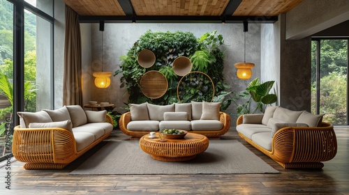 Contemporary Living Room with Greenery and Wicker Furniture
