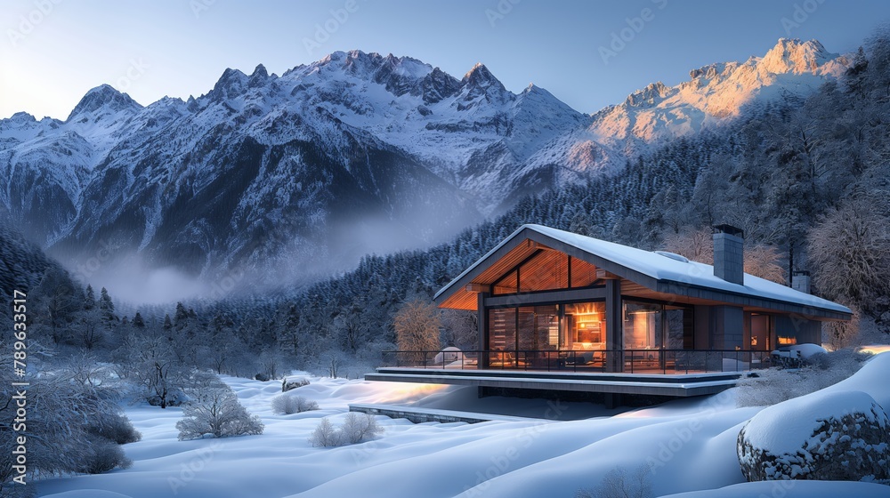 Snow-Covered Mountain Chalet at Dusk