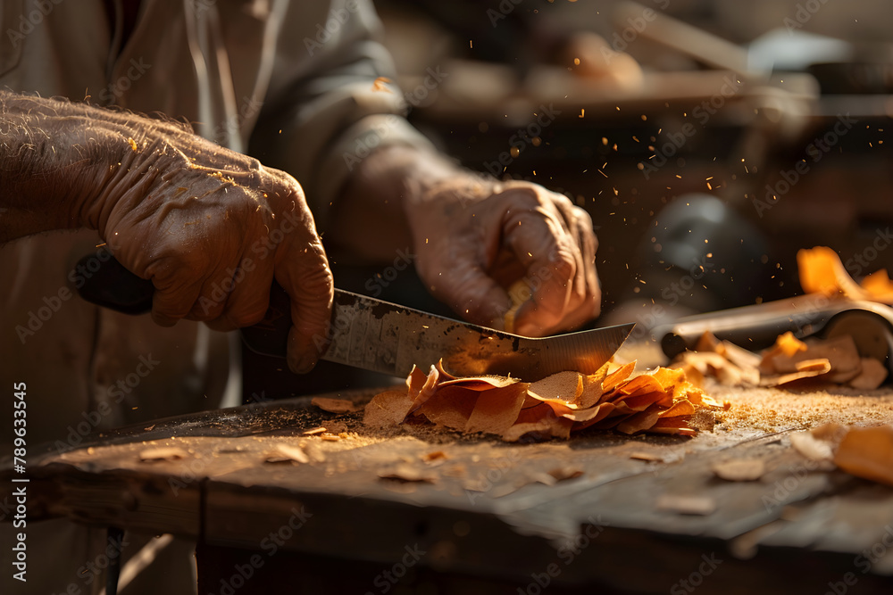 Hands cutting wood with a blade, with splinters flying