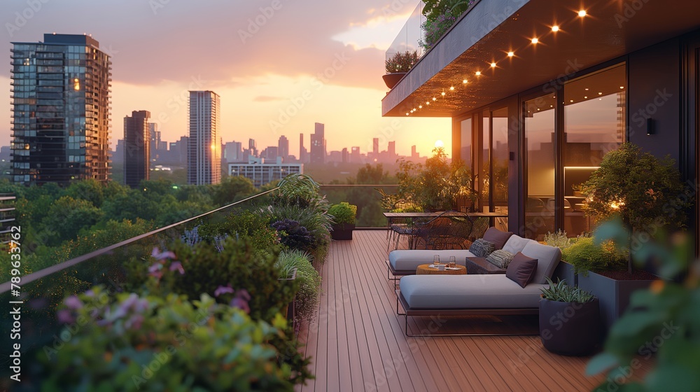 Fototapeta premium Twilight Ambiance on Modern Rooftop Terrace